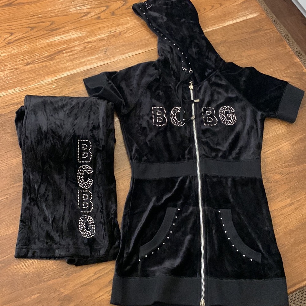 BCBGMaxAzria Black Studded Velour Hoodie Dress & Matching Velour Pants Set